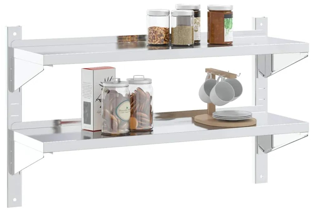 2 szintes ezüst rozsdamentes acél fali polc 100 x 30 x 60 cm