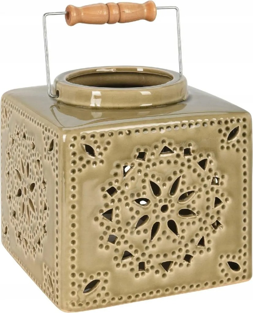 Kerámia lampion olíva színű 16 cm dekoratív fényfüzér tartó