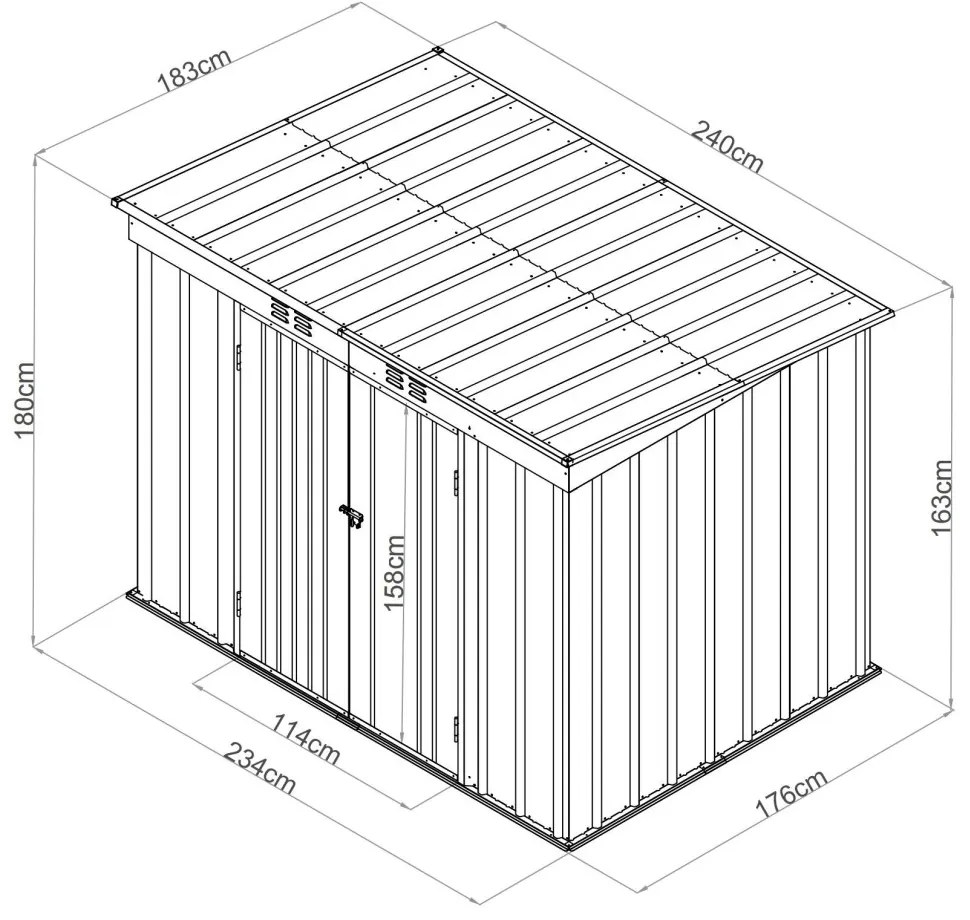 Riwall RMSP 6x8 brown fém kerti tároló 2,4 x 1,8 m lapostetővel (barna) Alapterület: 176 x 234 cm