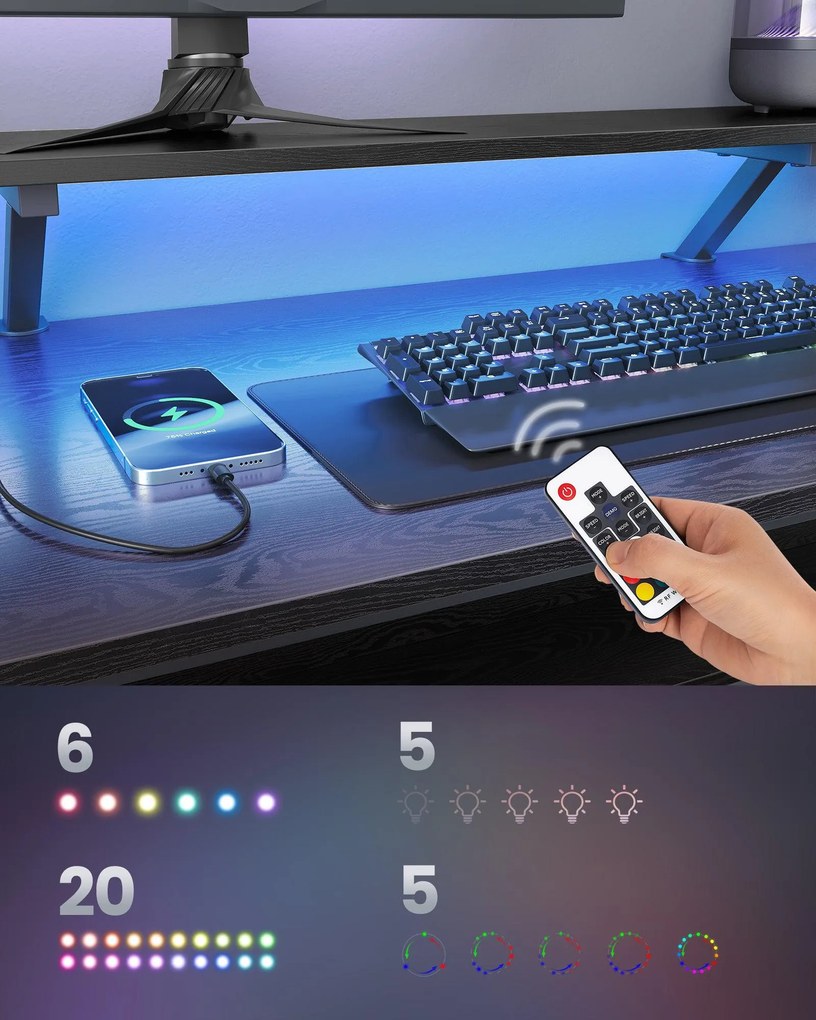 L alakú sarokíróasztal LED világítással, 4 konnektorral, 2 USB-porttal és monitorállvánnyal, 150 x 120 x 76 cm, fekete