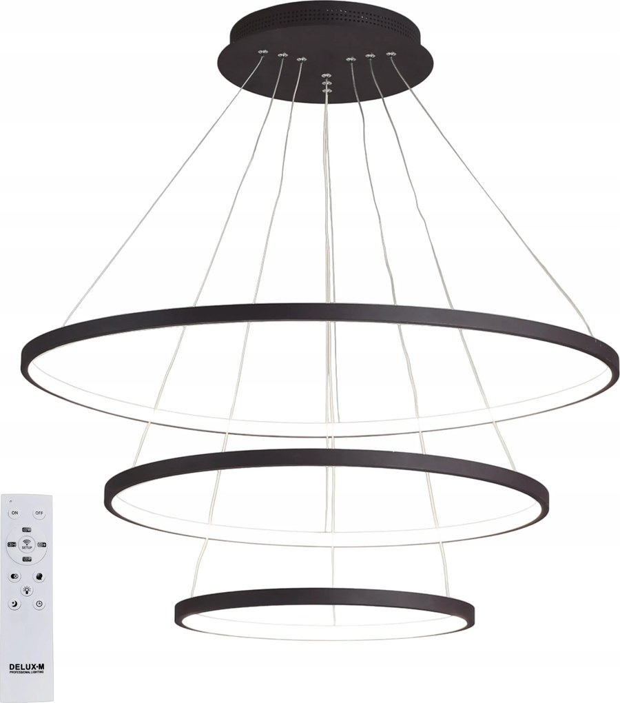 Mennyezeti Lámpa 3 Gyűrűs fekete függeszték Led Csillár Távirányító 88W 20/40/60cm