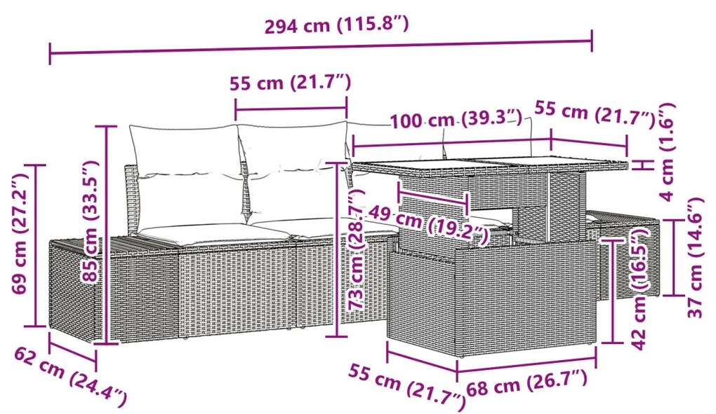 5 Darabos Kert Kanapé Szett Kárpitozással Szürke Poli Rattan