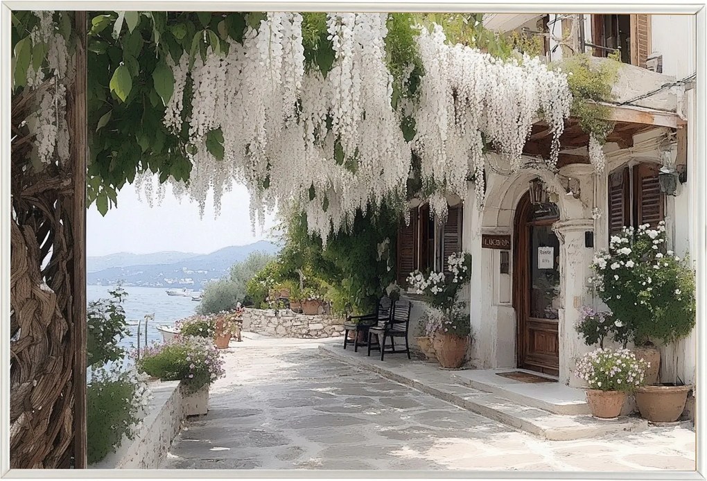 Poszter Keret Alumínium Tájkép Görögország Lefkada Tenger Hotel Virágok 60x40