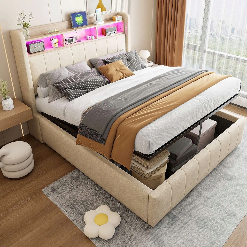 Kárpitozott ágy 140x200 Dupla ágy Led Usb Hidraulikus Bézs