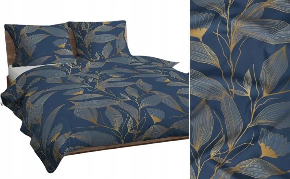 Ágyneműhuzat 160x200 sötétkék bézs világos levelek 4838 A pamut Max