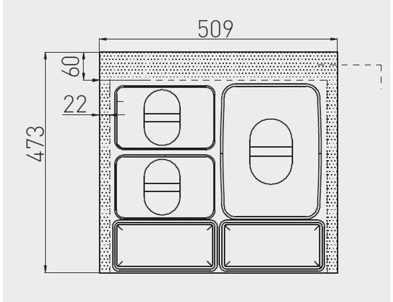 Hulladékgyűjtő GTV Multino 600, szelektív, utólag behelyezhető, 15+2x7 L edénnyel, fedéllel, tárolókkal