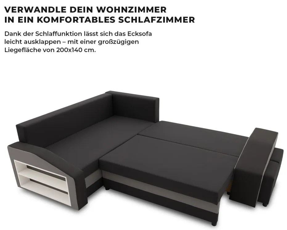 Grande sarokkanapé polcokkal és puffokkal , polc a bal karfaban puffok a jobb karfaban, baloldali, szövet anyag, hab töltet, fekete - szürke