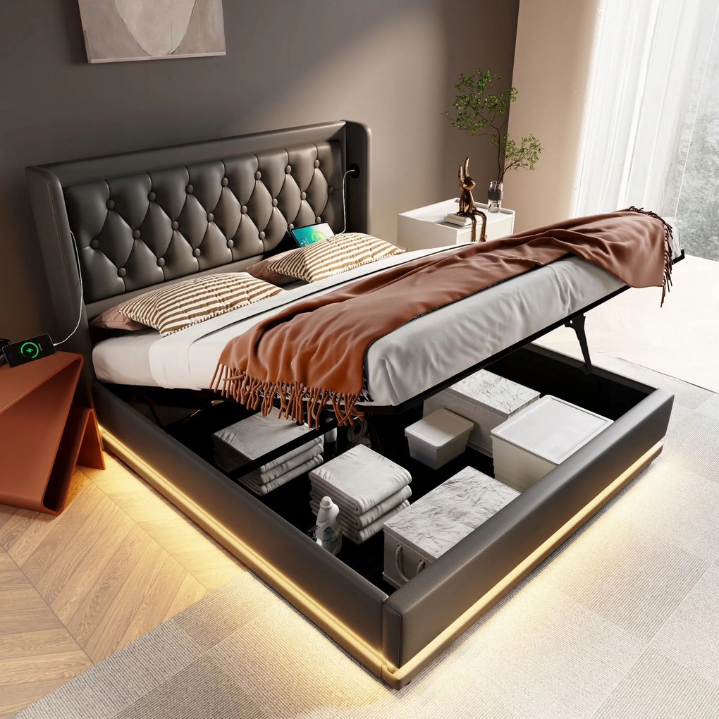 Franciaágy Kárpitozott ágy 140x200 Usb Type-C Led Hidraulikus fekete