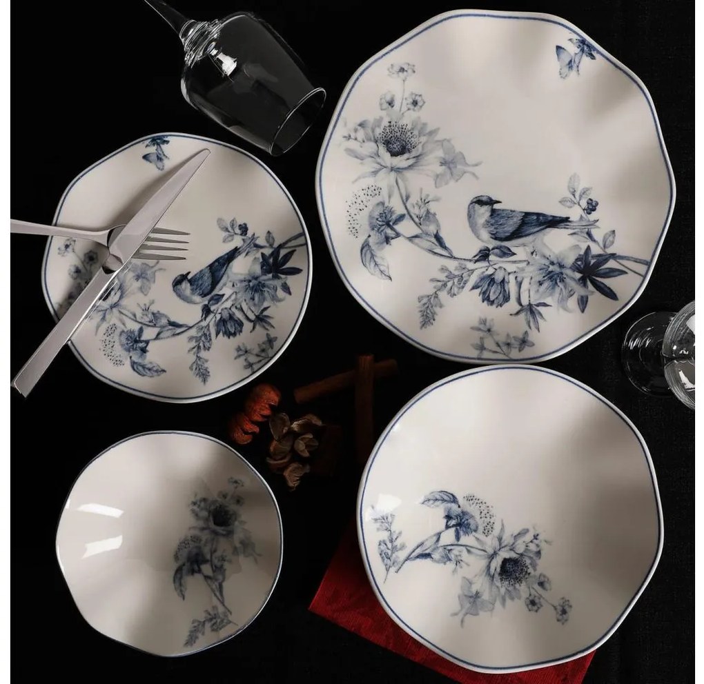 24 darabos étkészlet, fehér/kék, porcelán