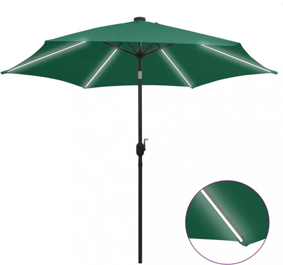 Zöld kültéri napernyő led fényekkel és alumíniumrúddal 300 cm