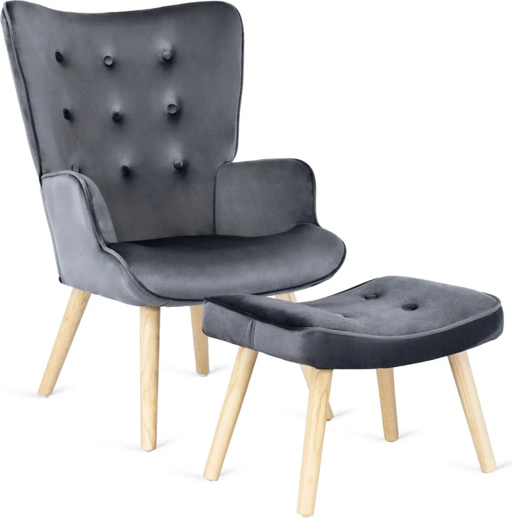 Pihenőfotel szürke színben, bársony kárpittal, lábtartóval LOZANO