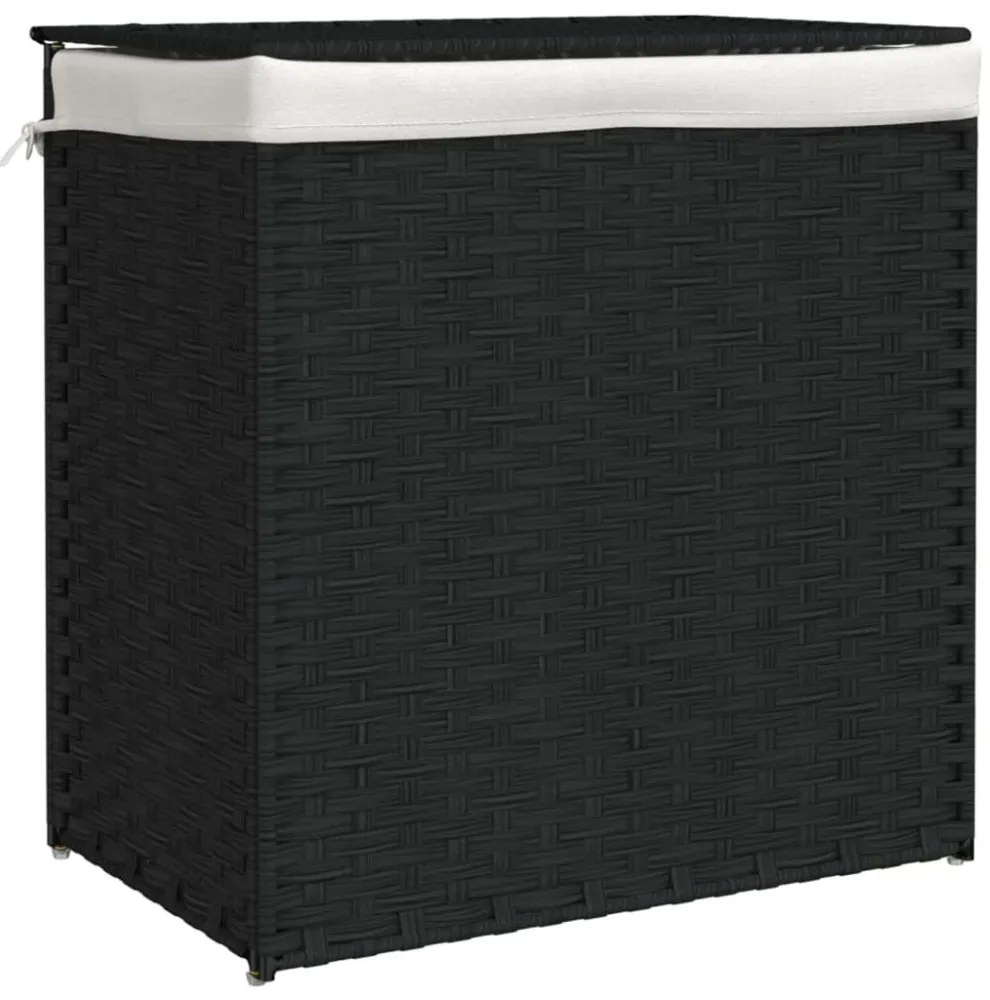 fekete polyrattan szennyeskosár 2 rekesszel 53x33x57 cm