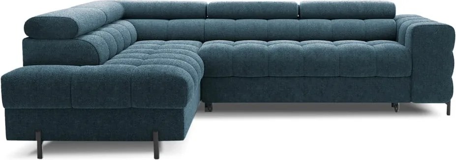 Kék buklé kinyitható-tárolóhelyes sarokkanapé (bal oldali-L alakú) Ferucce – ELTAP