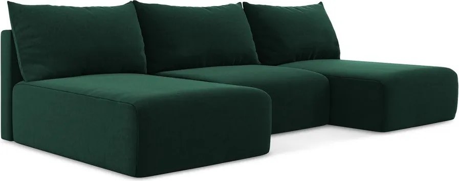 Sötétzöld bársony kinyitható-tárolóhelyes sarokkanapé (U alakú) Kalena – Makamii