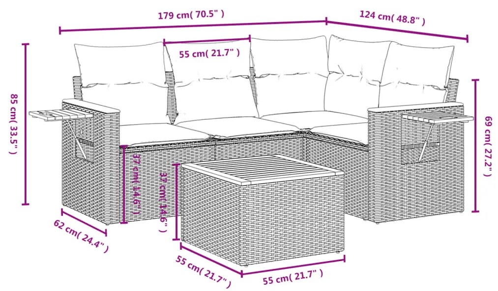 5 részes fekete polyrattan kerti kanapészett párnákkal