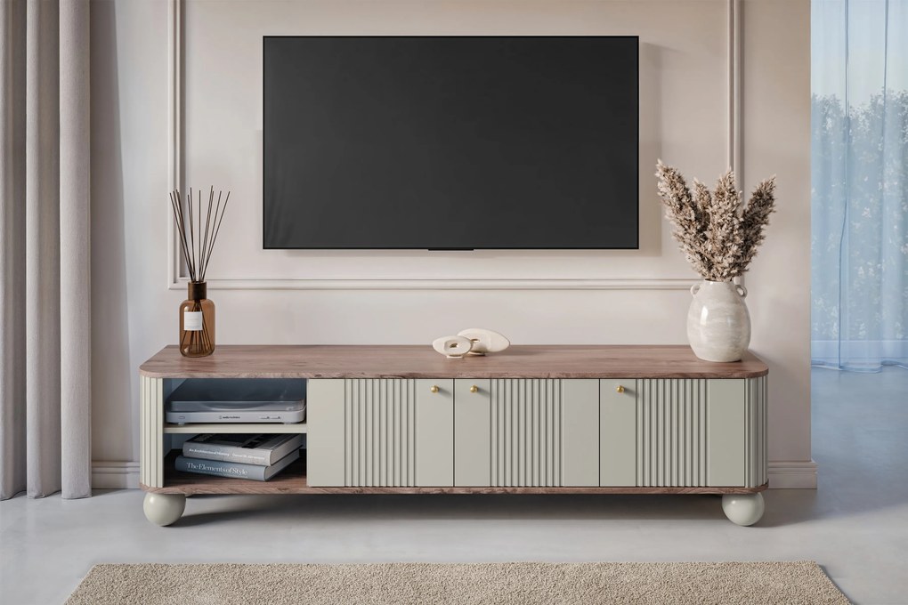 Vesper 3D TV-szekrény 187 cm - kasmír / diófa / arany színű fogantyúk / gömb alakú lábak