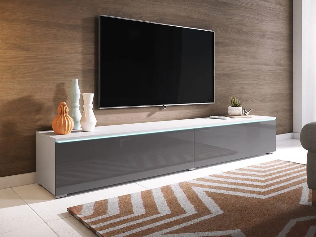 TV asztal/szekrény Dilune 180 (fehér + fényes szürke) (fehér LED világítás). 1053821