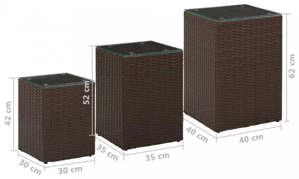 3 db barna polyrattan kisasztal üveg asztallappal
