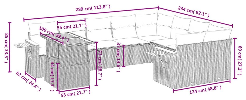 10 részes szürke polyrattan kerti ülőgarnitúra párnákkal