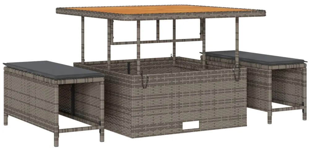 11 darabos Kerti Sofa Szett Párnákkal Szürke Poli Rattan Akácia, 2 személyes Kerti Sofa Tárolóval és Párnákkal Szürke Poli Rattan, 3 darabos Kerti Étkező Szett Párnákkal Szürke Poli Rattan Akácia