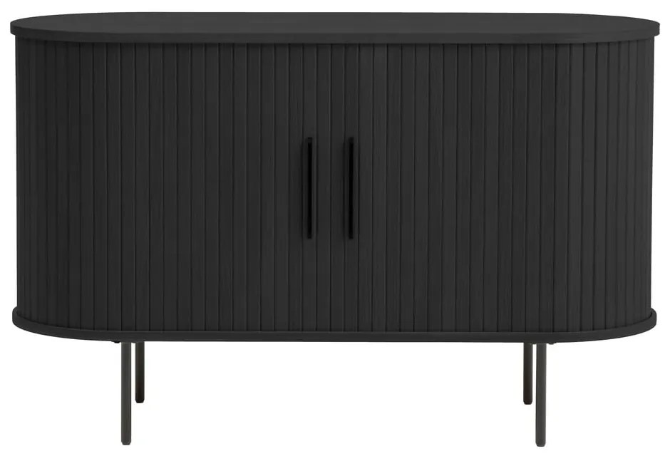 Fekete komód tolóajtóval, tölgyfa dekorral 120x76x45 cm Nola – Unique Furniture