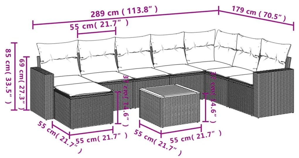 9 részes fekete polyrattan kerti ülőgarnitúra párnákkal