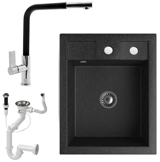 Gránit Mosogató NERO Parma + kihúzható Linea csaptelep + dugókiemelő + szifon (fekete)