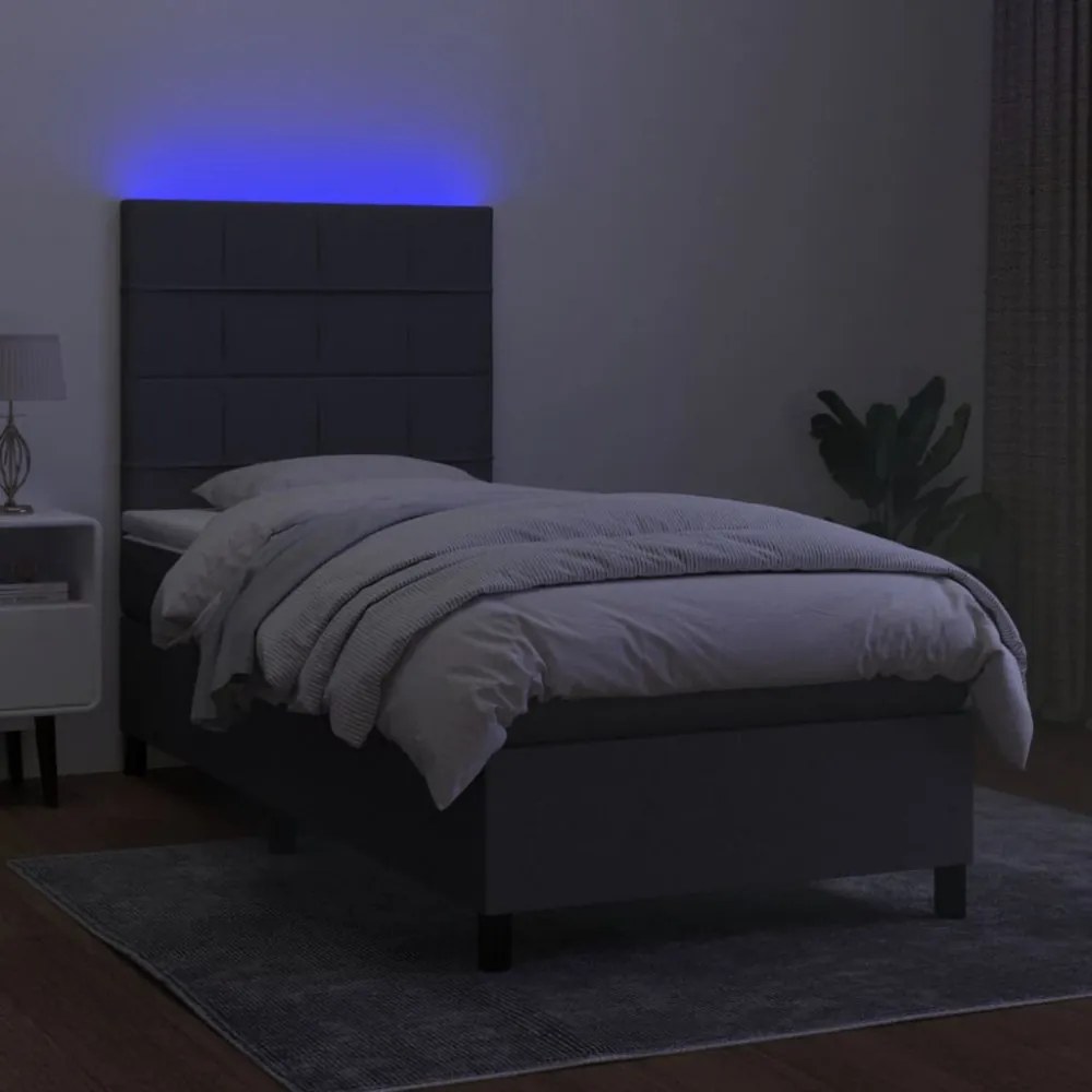 sötétszürke szövet rugós és LED-es ágy matraccal 90x200 cm
