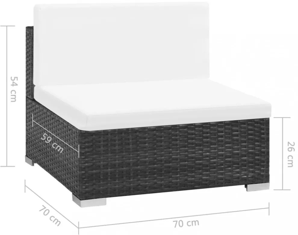 7-részes fekete polyrattan kerti bútorszett párnákkal