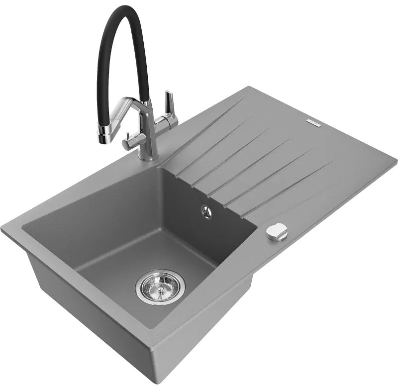 Mexen Cesar egymedencés gránit mosogató csepegtetővel és Duo konyhai csapteleppel, szürke - 6514-71-671701-07