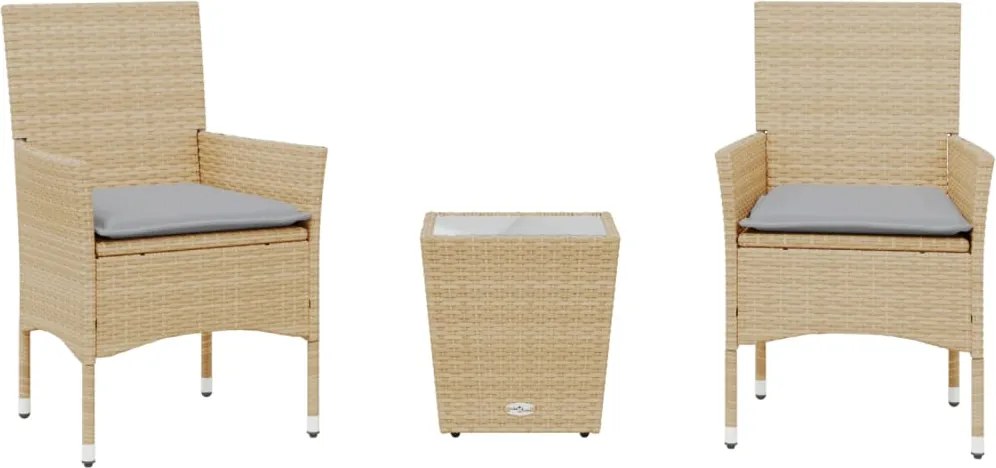 vidaXL 3 részes bézs polyrattan/üveg bisztrógarnitúra párnával