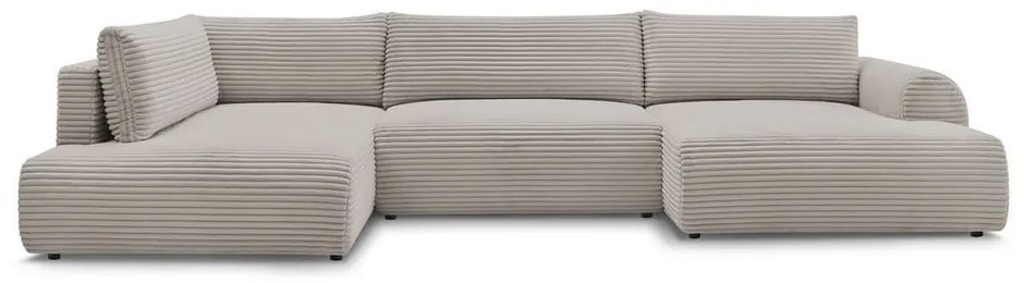 Világosszürke-bézs kordbársony kinyitható-tárolóhelyes sarokkanapé (bal oldali-U alakú) Lucien – Bobochic Paris