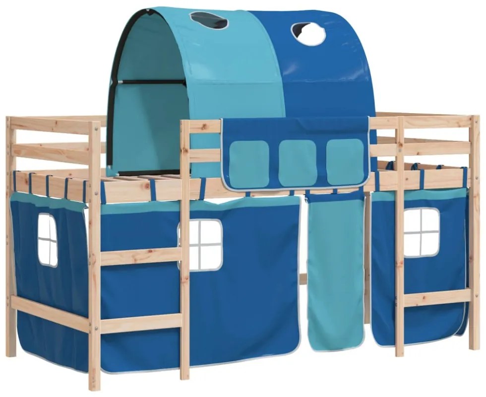 kék tömör fenyőfa gyerek galériaágy alagúttal 90 x 190 cm