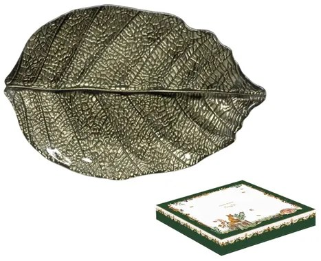 Nyírfalevél mélyzöld üveg tányér 32x21 cm díszdobozban Forest Dream