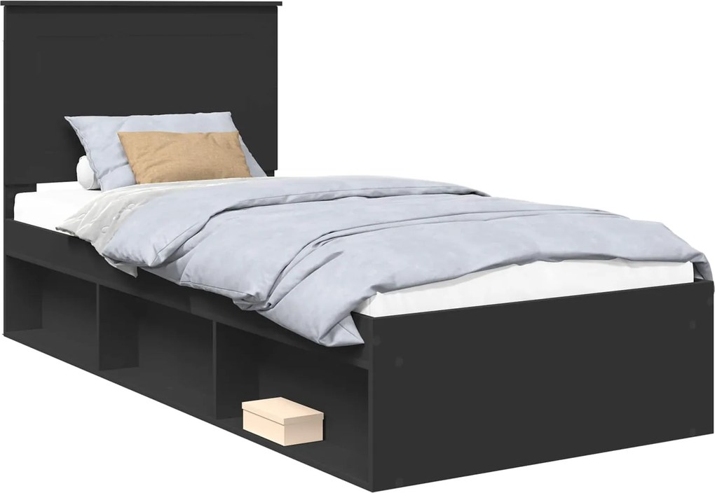 vidaXL Ágykeret fejtámlával Fekete 90 x 200 cm Tömör fenyőfa