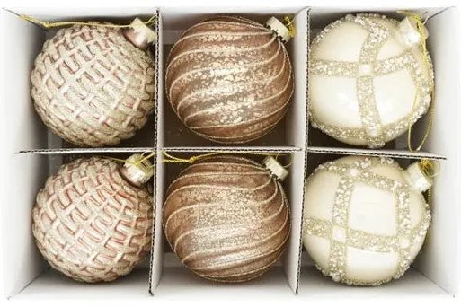 Karácsonyi üveg gömb dísz dombor mintával glitter dekorral akasztós 8 cm S/6