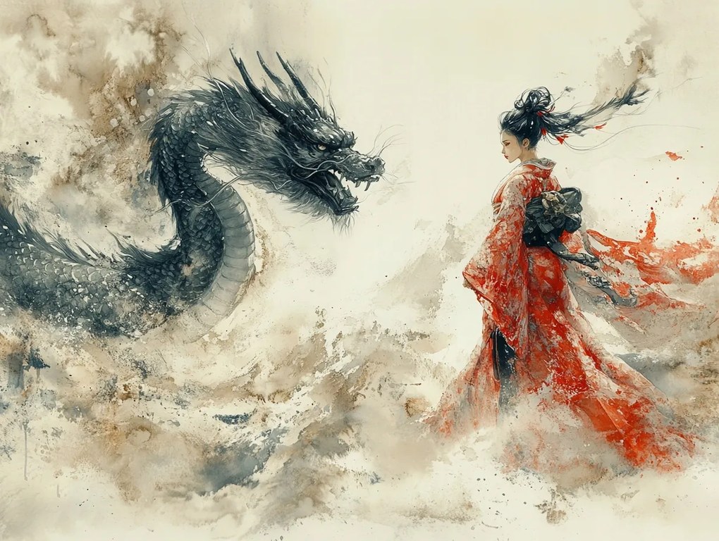 Vászonkép Canvas Japán Ázsia Fantasy Harcos Sárkány Gésa 100x75