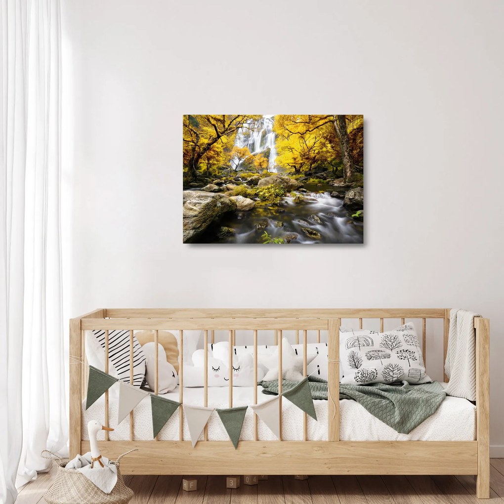Üveg kép - Vízesések őszi tájban, sárga (70x50 cm)