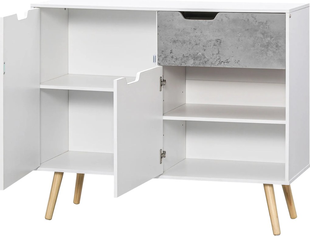 HOMCOM Konyhai Oldalszekrény Büfé Szekrény 2 Ajtóval és 1 Fiókkal, Tároló Szekrény Nappaliba, Irodába, Hálószobába Modern Stílus 98x39x81,5 cm Fehér |