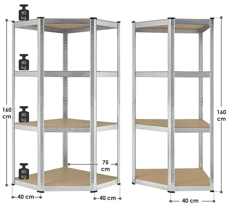 Juskys Sarokpolc - 160x75x40-75 cm - ezüst színű