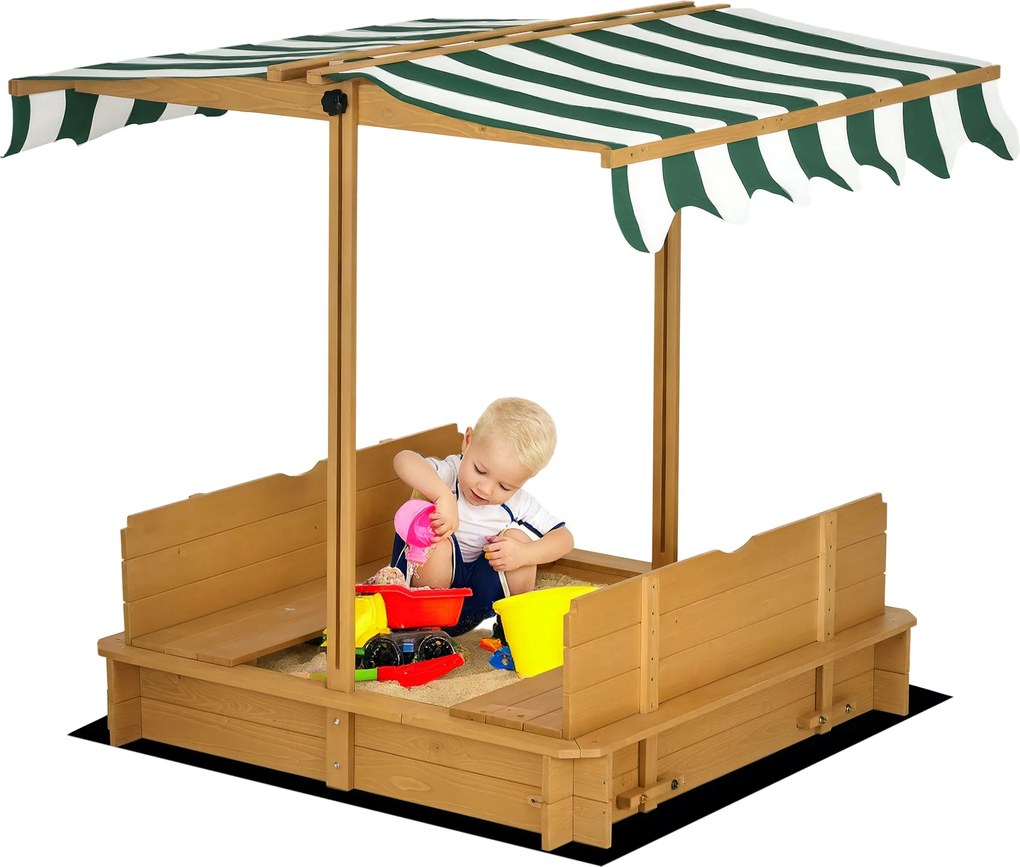 Outsunny Gyermek Fa Homokozó Állítható Napernyővel, 2 Pad és Leválasztható Háttámlákkal Kertre 106x106x115 cm Természetes Fa Zöld és Fehér Csíkokkal |