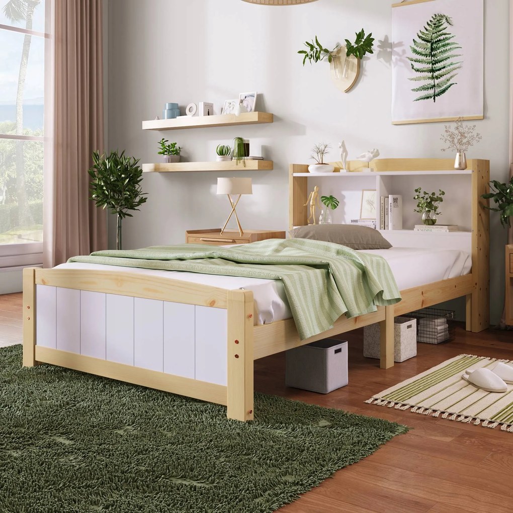 Tömörfa egyszemélyes ágy, fenyő ágykeret 90 x 200 cm matraccal