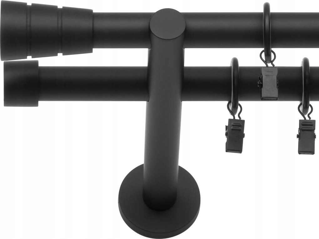 Függönykarnis Dupla Fekete Matt 220 CM 19+19 MM Végek Csendes Kerekek