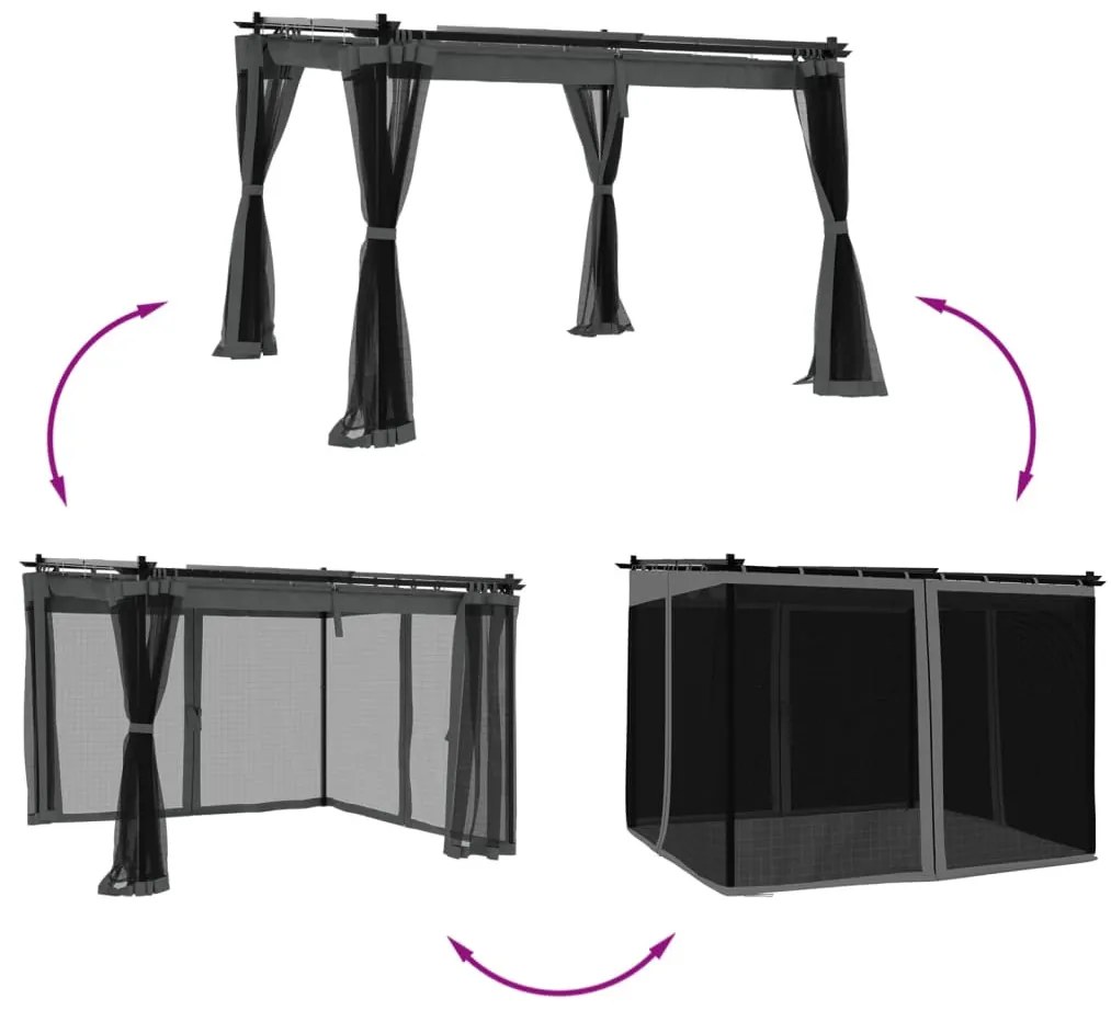 antracitszürke acél pavilon hálós oldalakkal 3 x 3 m