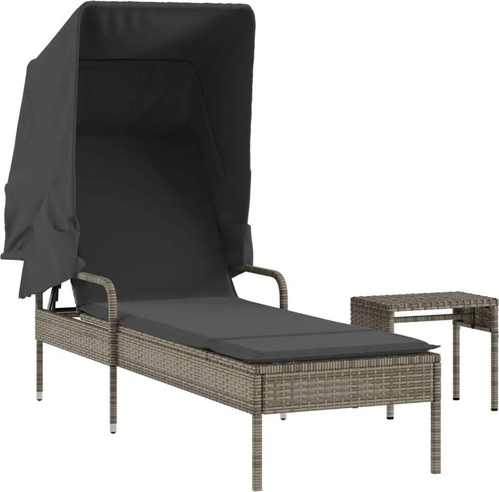 vidaXL szürke polyrattan napozóágy tetővel és asztallal