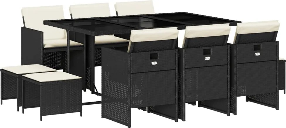 vidaXL 11 részes fekete polyrattan kerti étkezőgarnitúra párnákkal