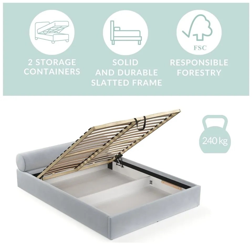 Világosszürke kárpitozott ágyneműtartós franciaágy ágyráccsal 200x200 cm Solvo – Maison de Rêve