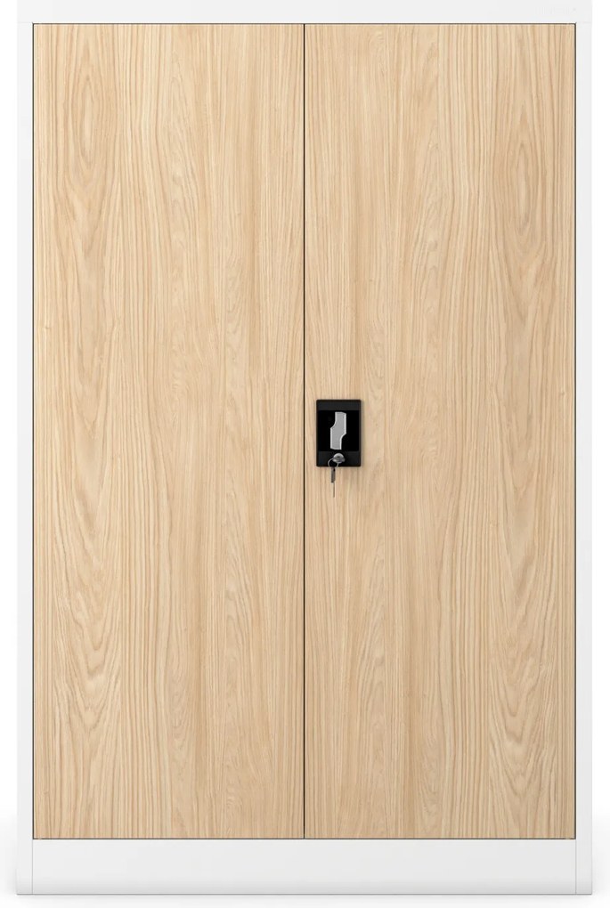 Alacsony fém irodai szekrény 3 polccal, fehér/sonoma tölgy, 900x1400x400 mm: KEVIN Eco Design