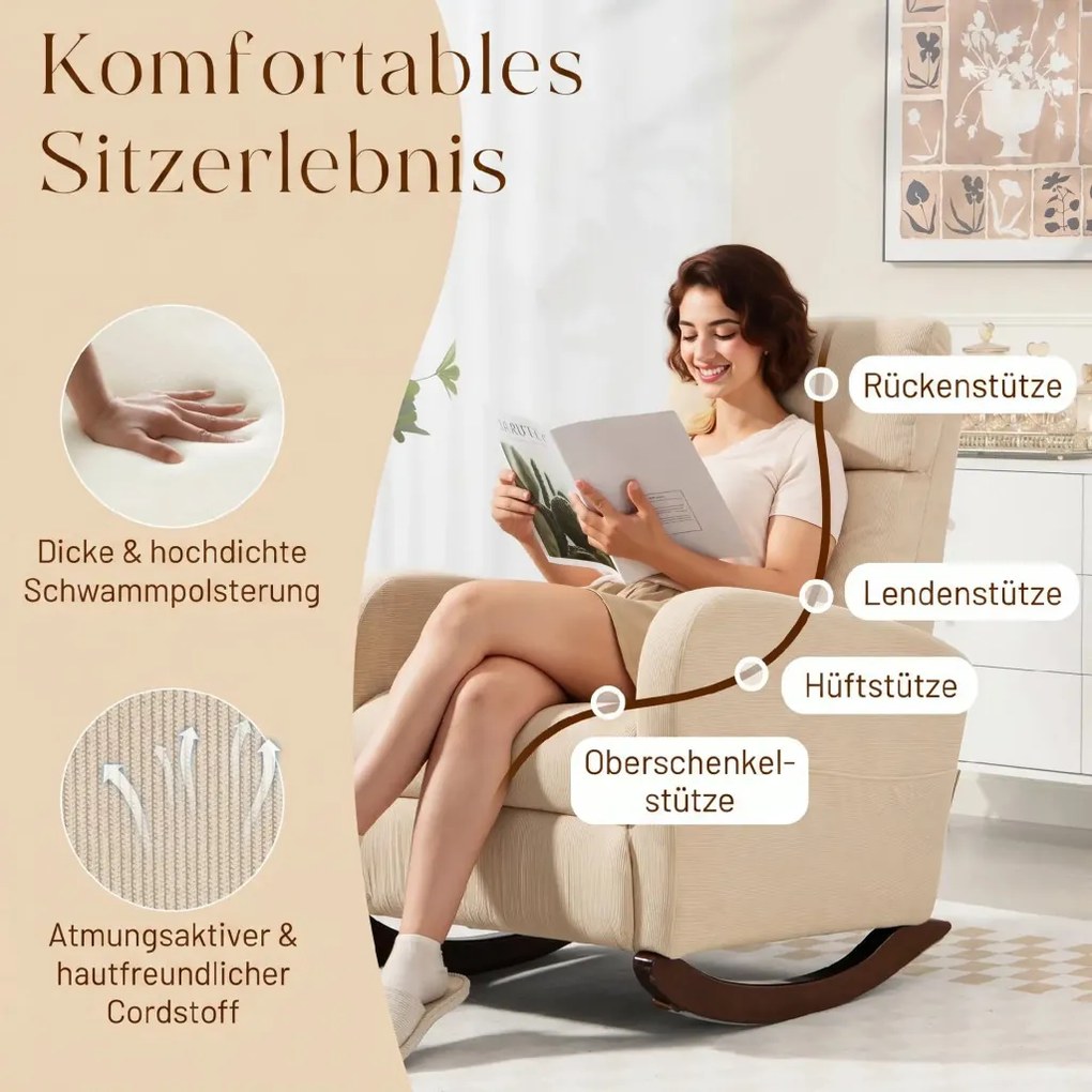 HOMCOM Hintaszék, kárpitozott hintaszék kordbársony anyaggal, oldalsó zsebekkel nappaliba, hálószobába, bézs