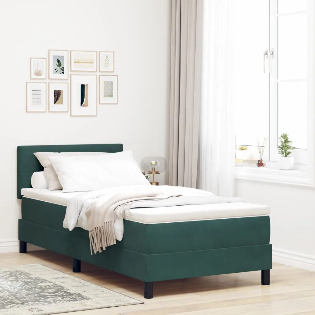 Boxspring Ágy Matrac Sötét Zöld Egyszemélyes Bársonyos